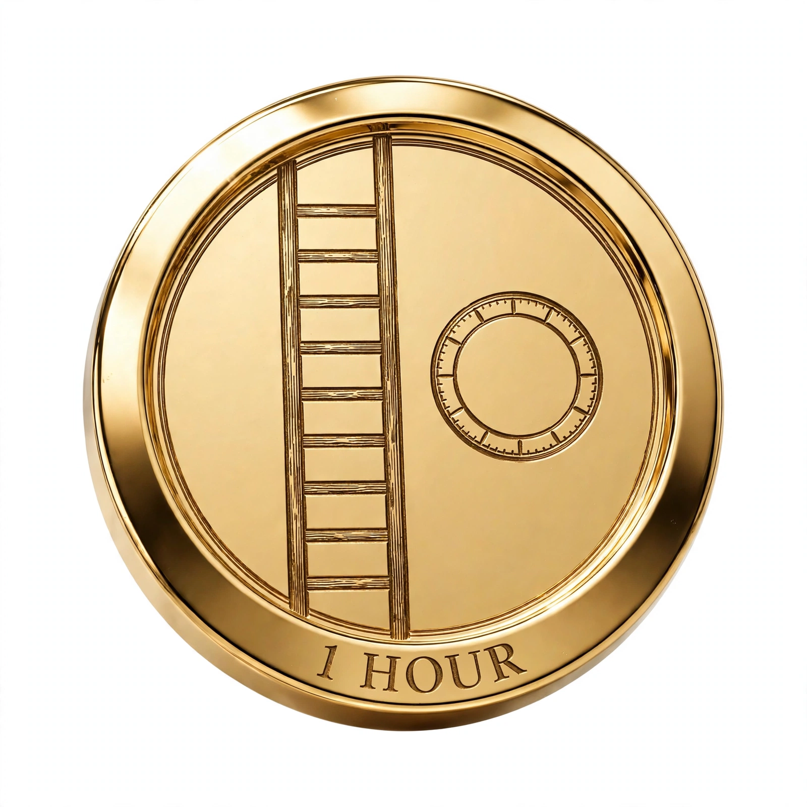 Gold medallion coin engraved 1 Hour with a ladder motif