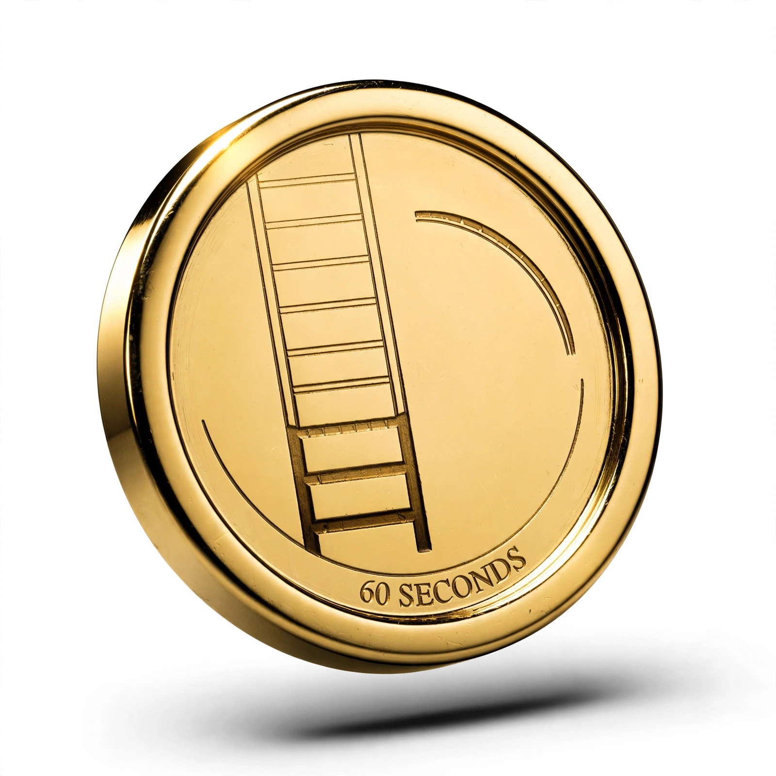 Gold medallion coin engraved 60 Seconds with a ladder and timer motif