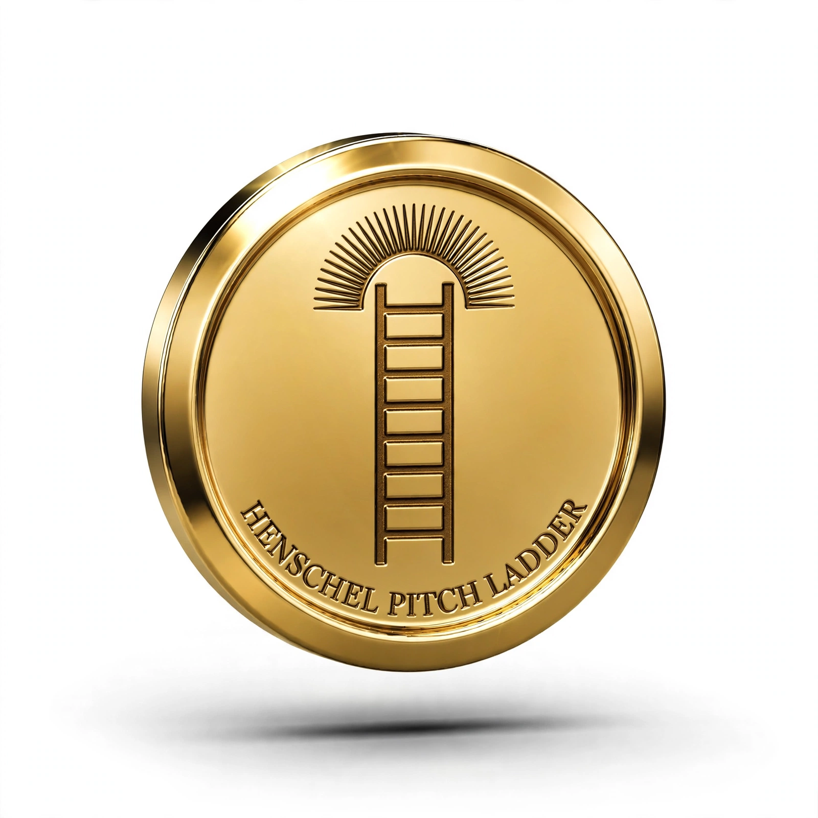 Gold medallion coin engraved Tezla Pitch Ladder with a ladder rising toward a sunrise