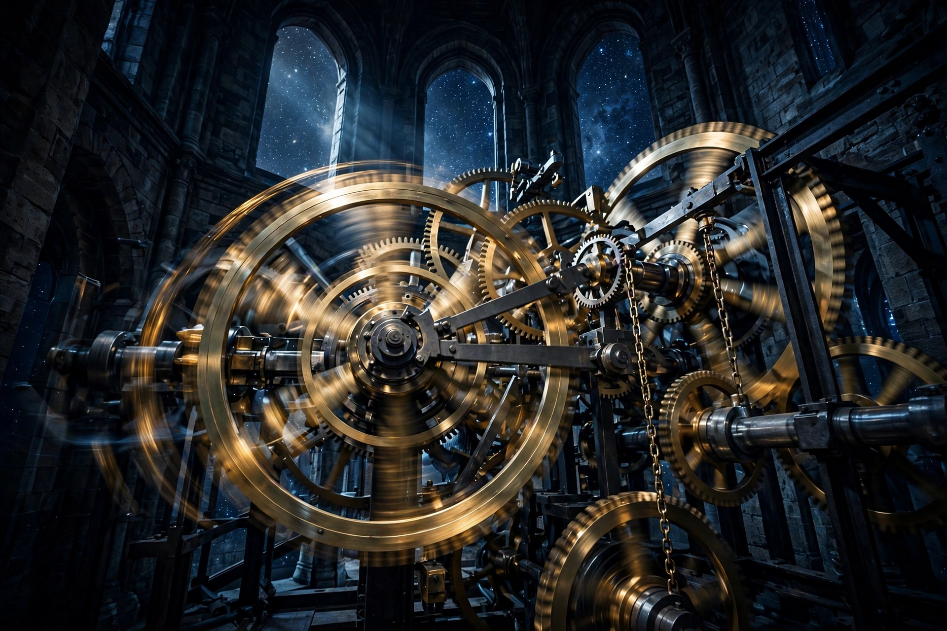 Clockwork gears turning inside a stone clock tower under a starry sky