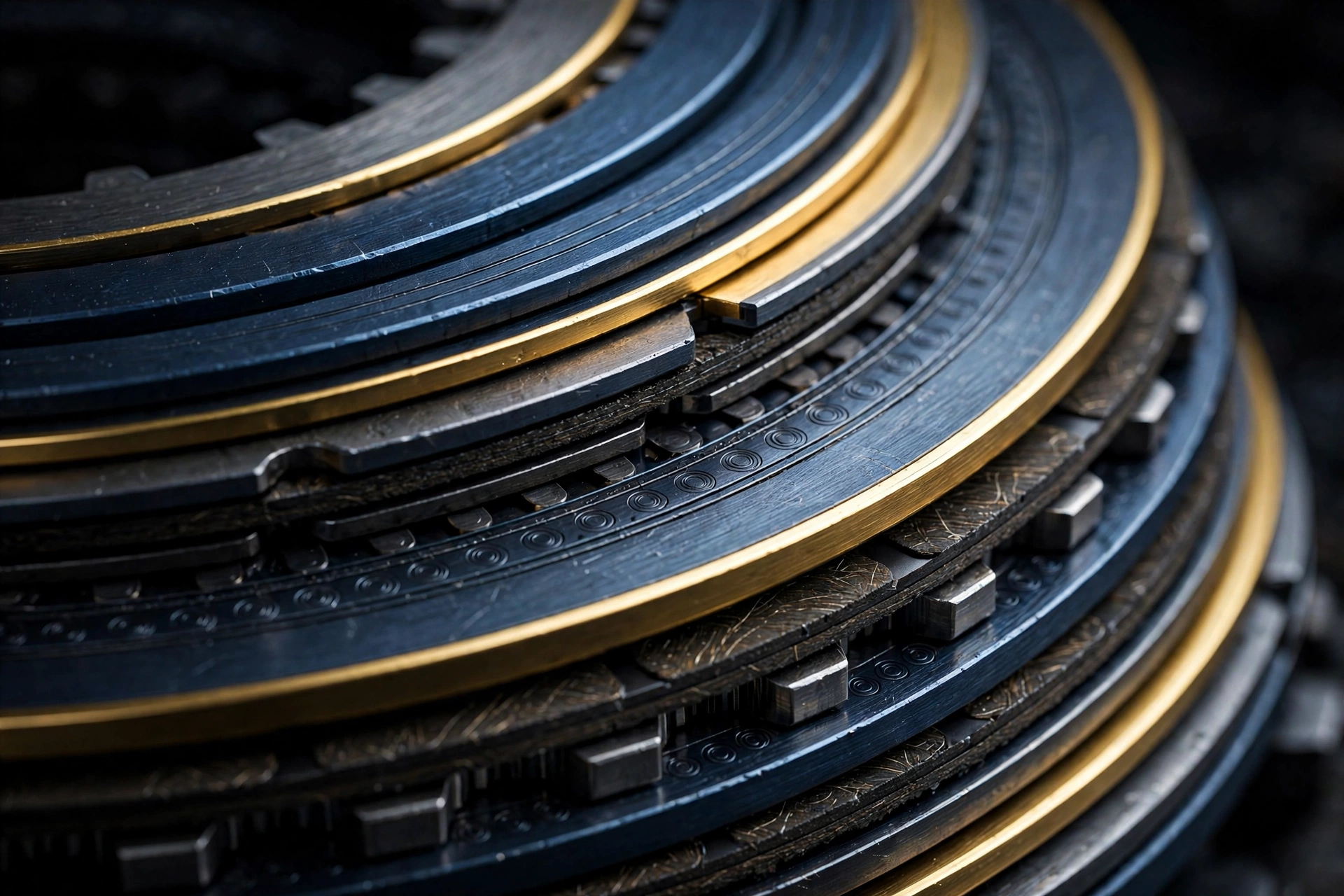 Interlocking protective rings and layers in polished gold and steel