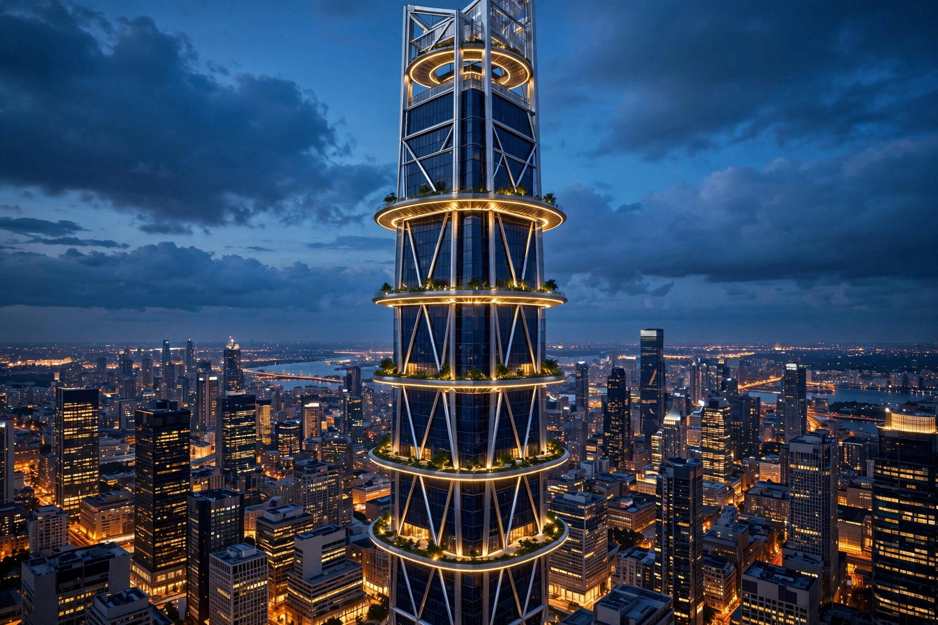 HQ Tower — the future Tezla headquarters design, a glass tower of lit ring decks at dusk