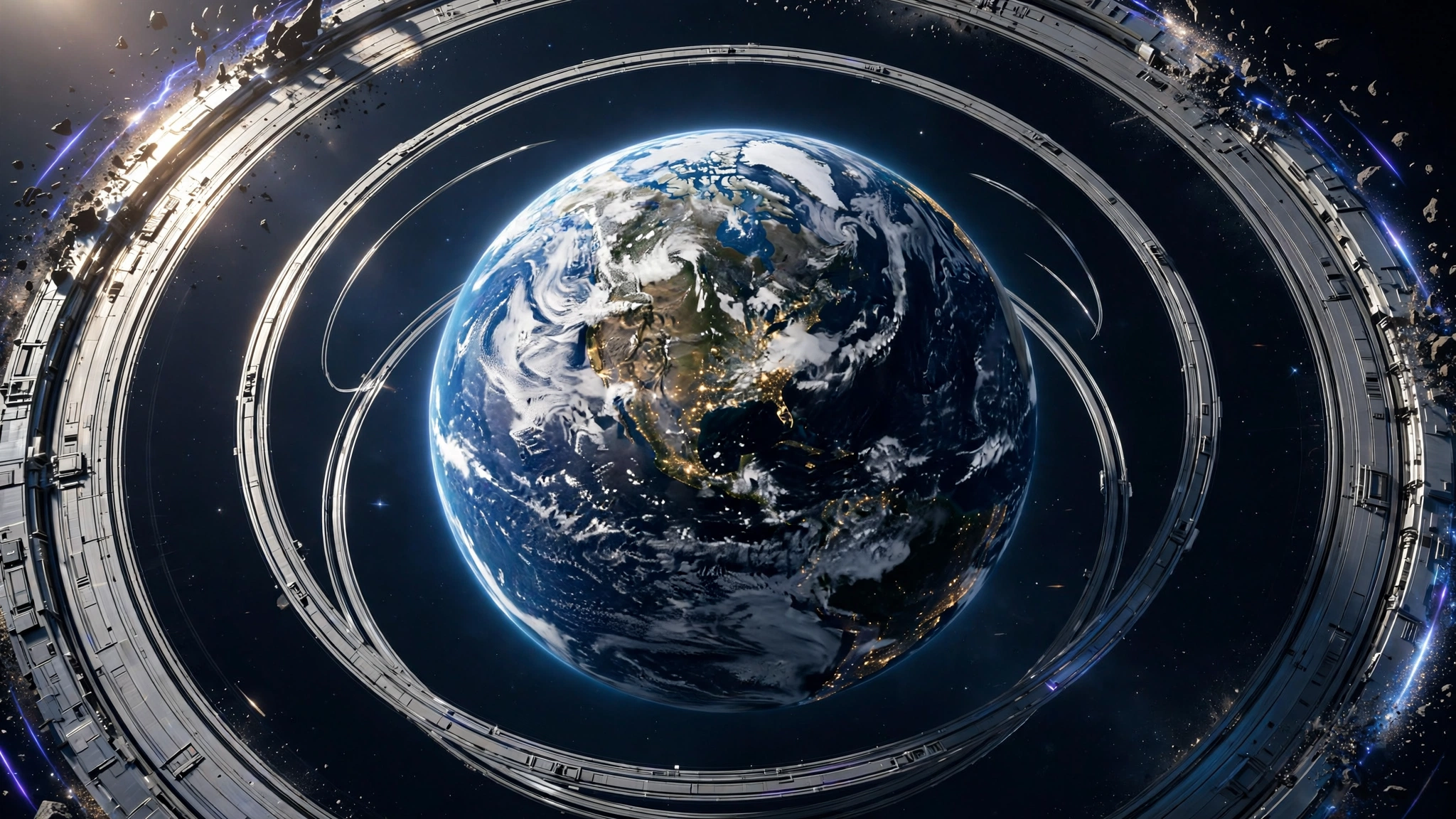Earth encircled by concentric station rings