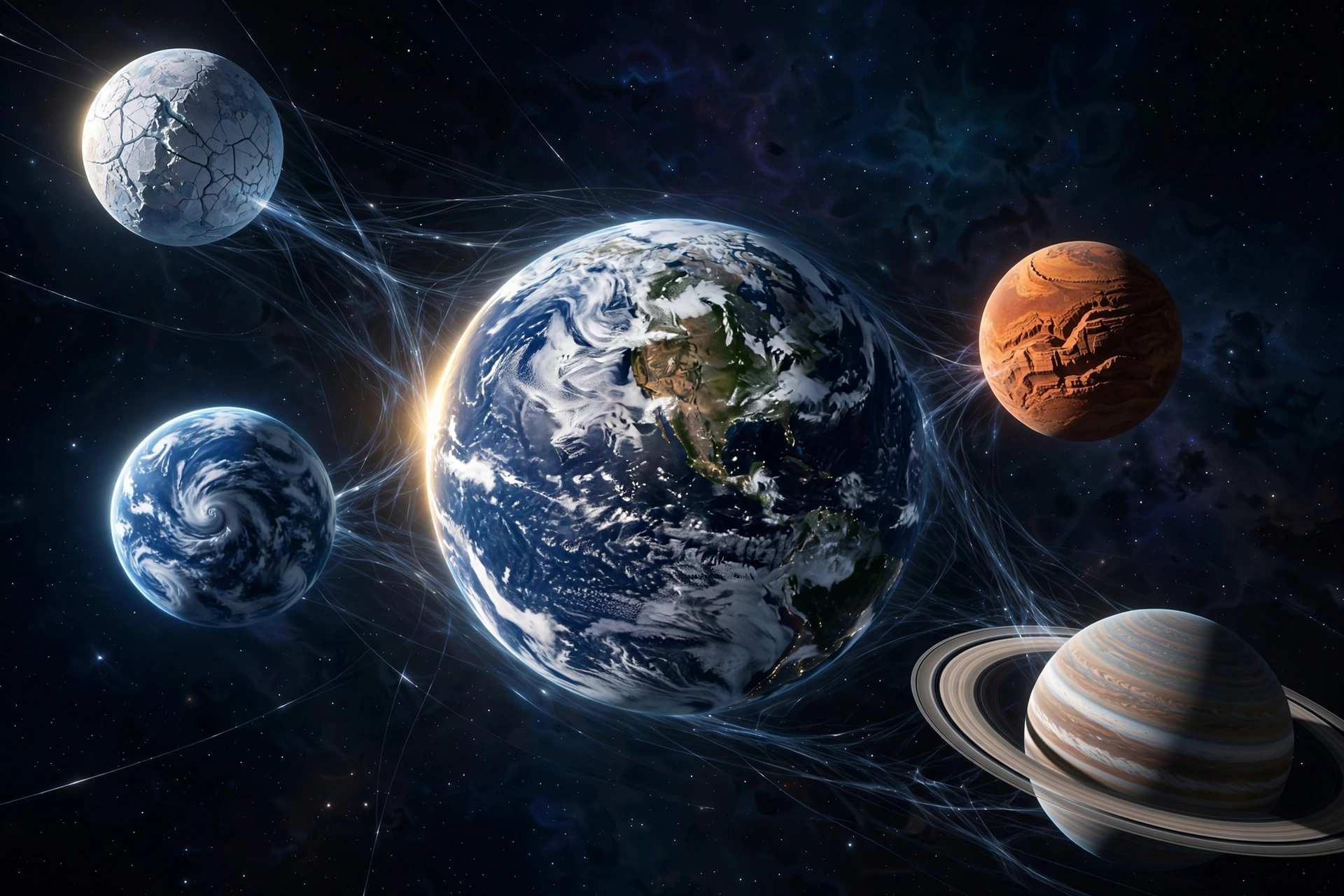A cluster of ringed worlds in formation