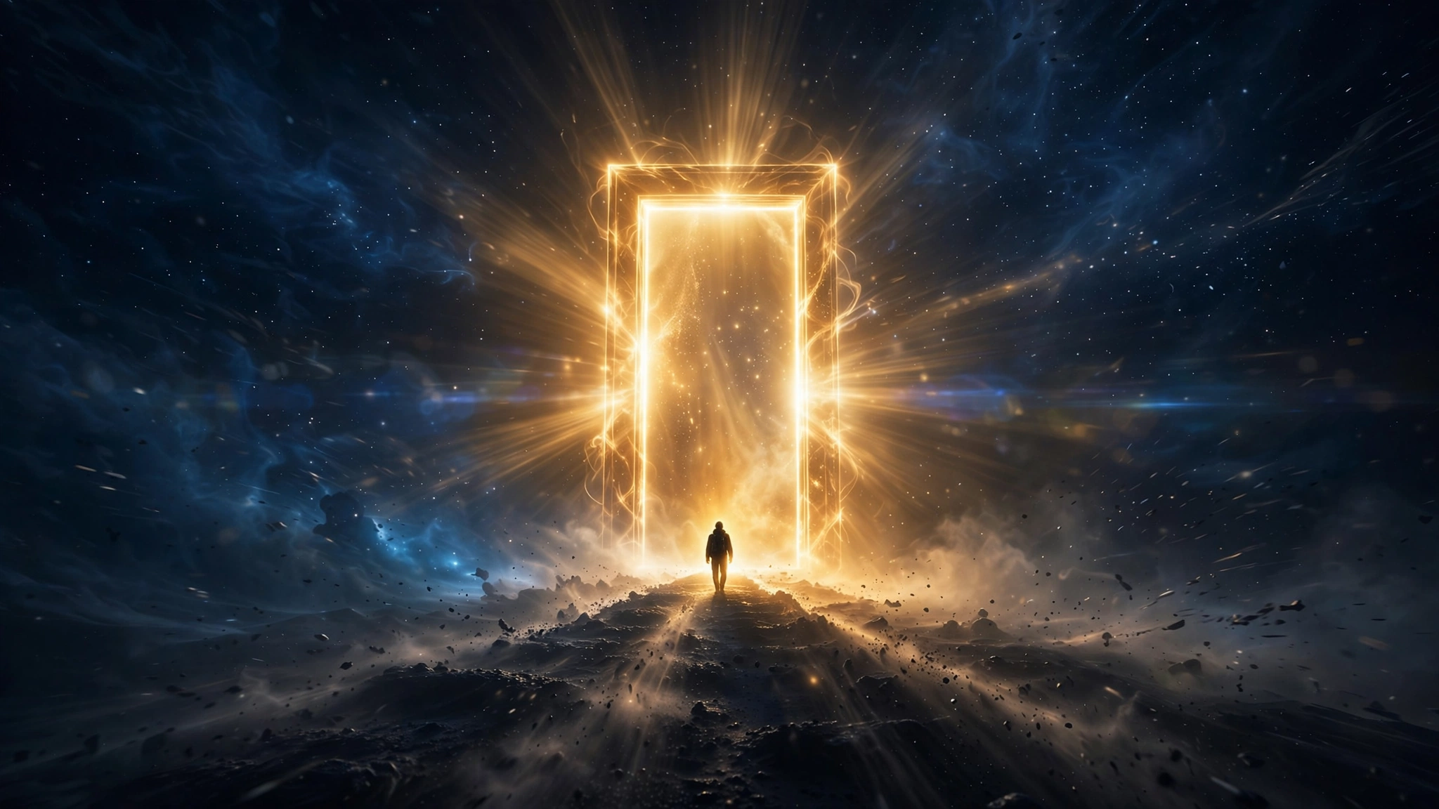 A golden door standing open in deep space