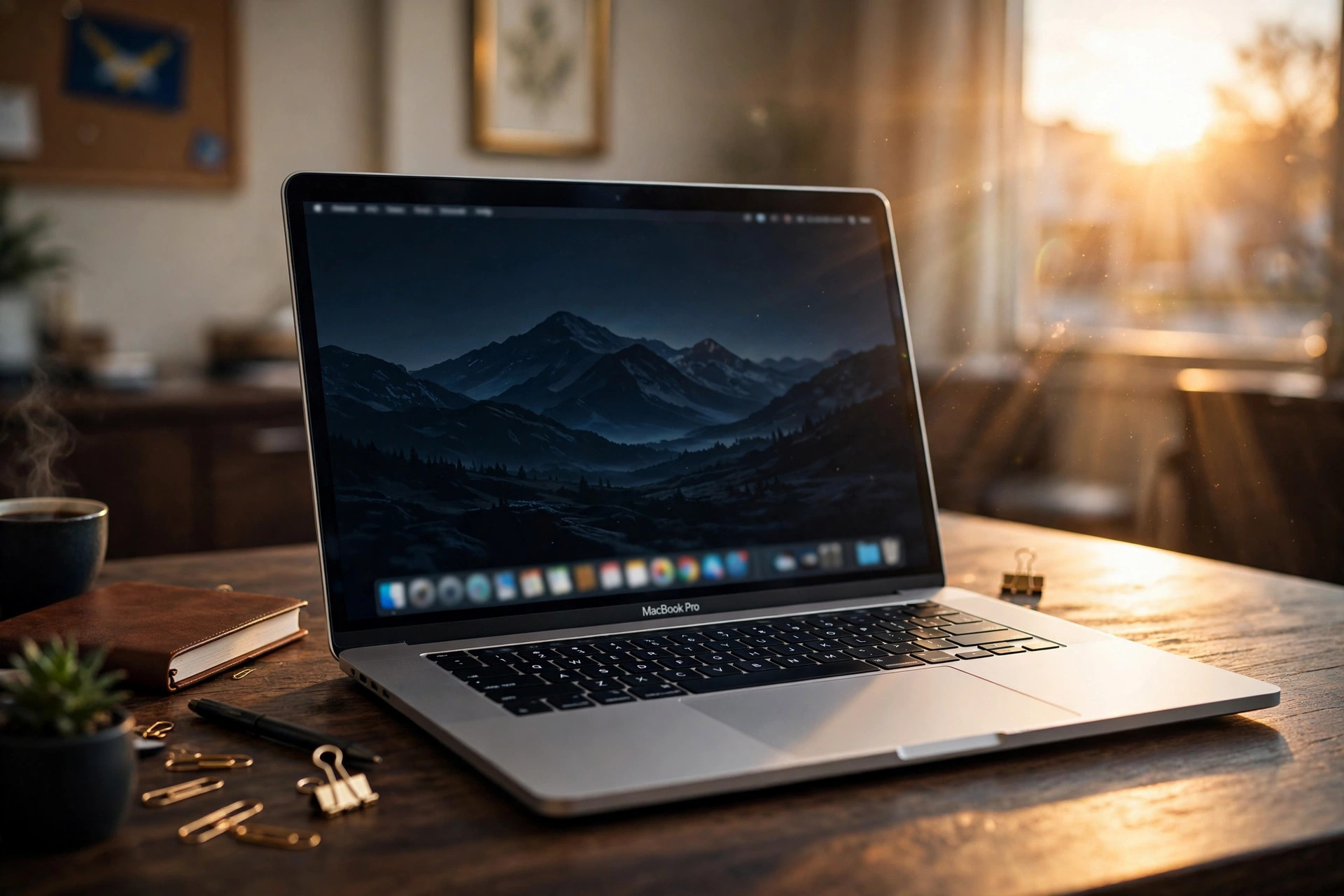 MacBook Pro on a desk at golden hour
