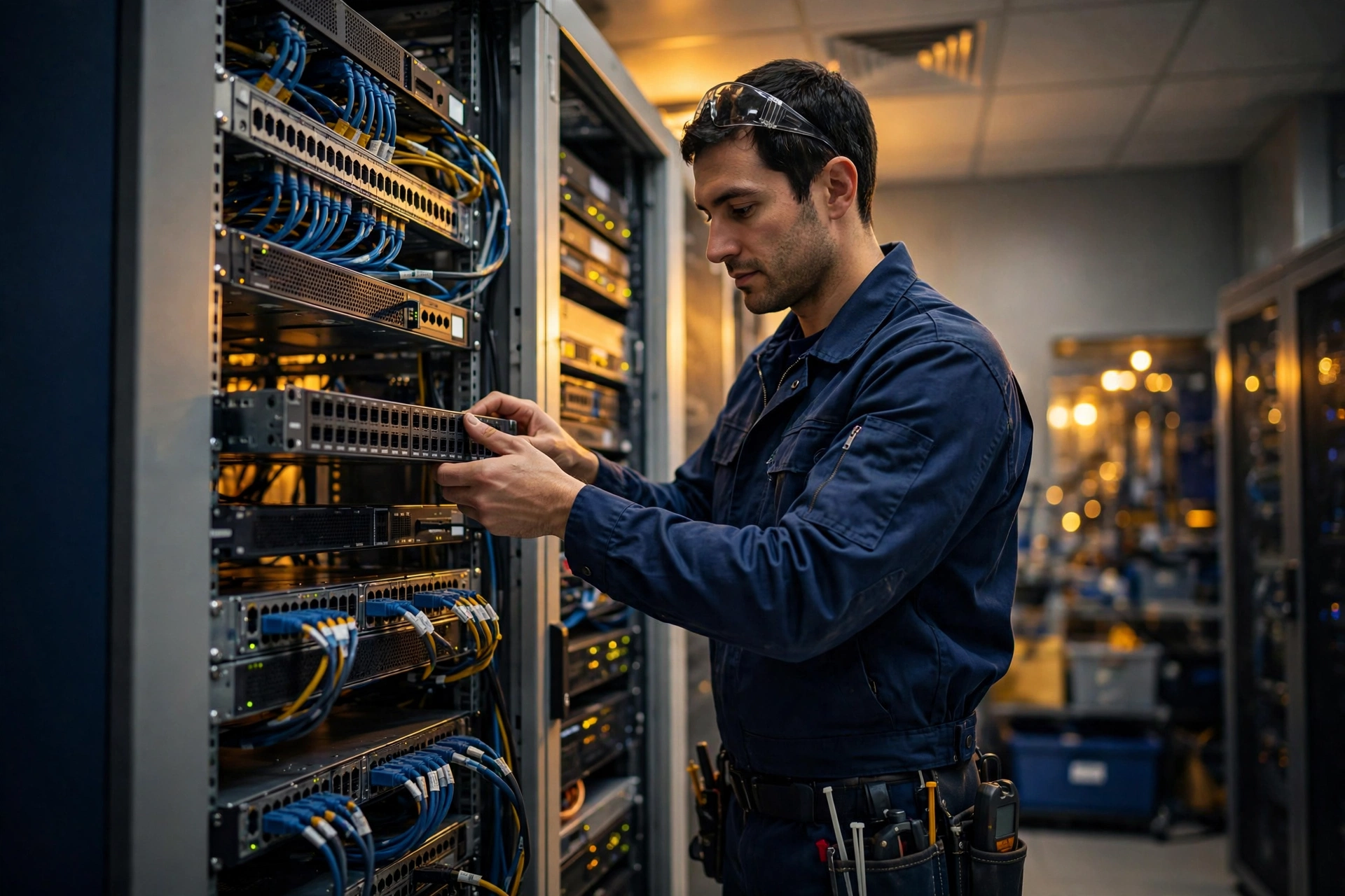Tezla technician racking a network switch in a server rack