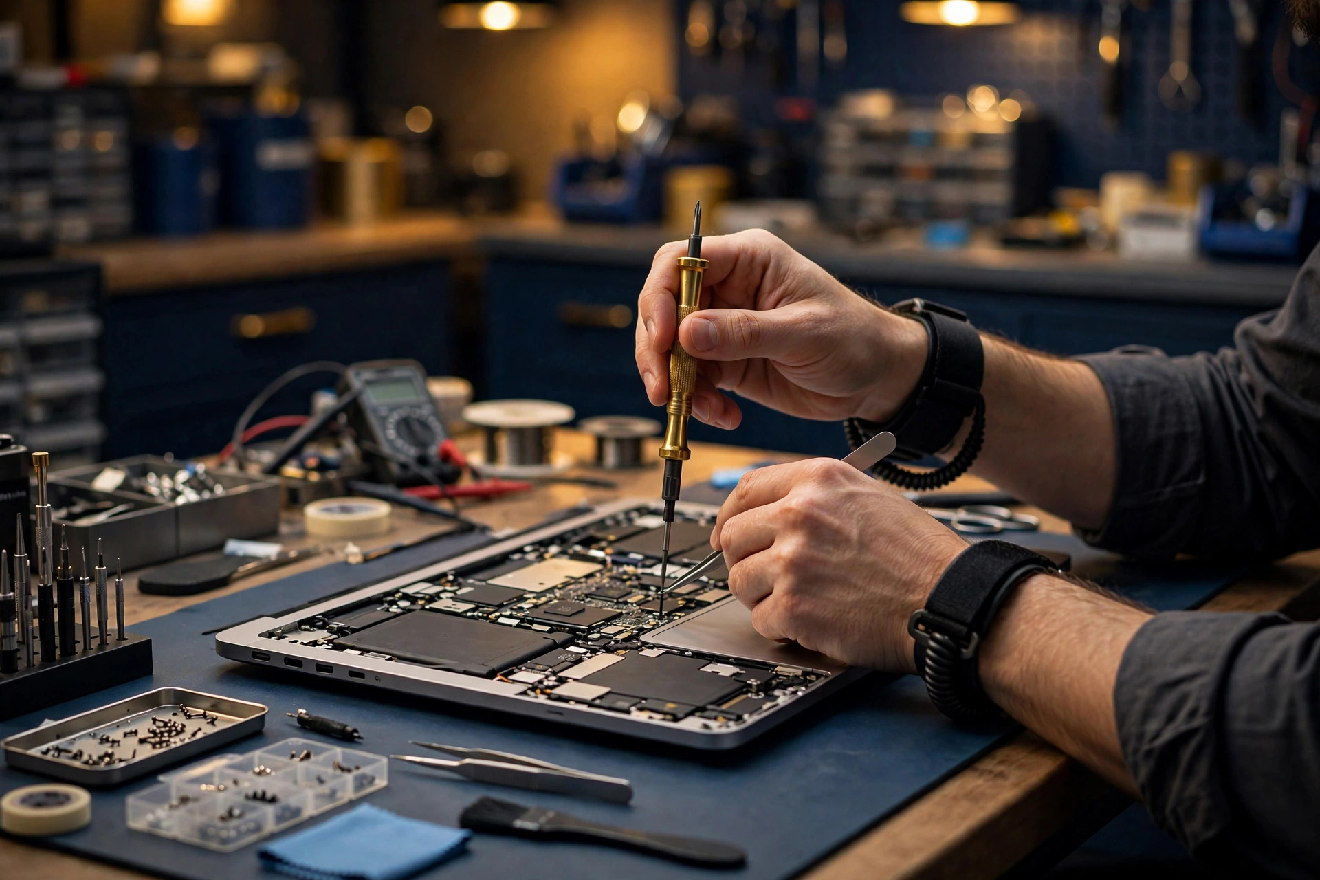 Technician repairing a Mac