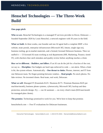 Three-week build one-page pitch thumbnail